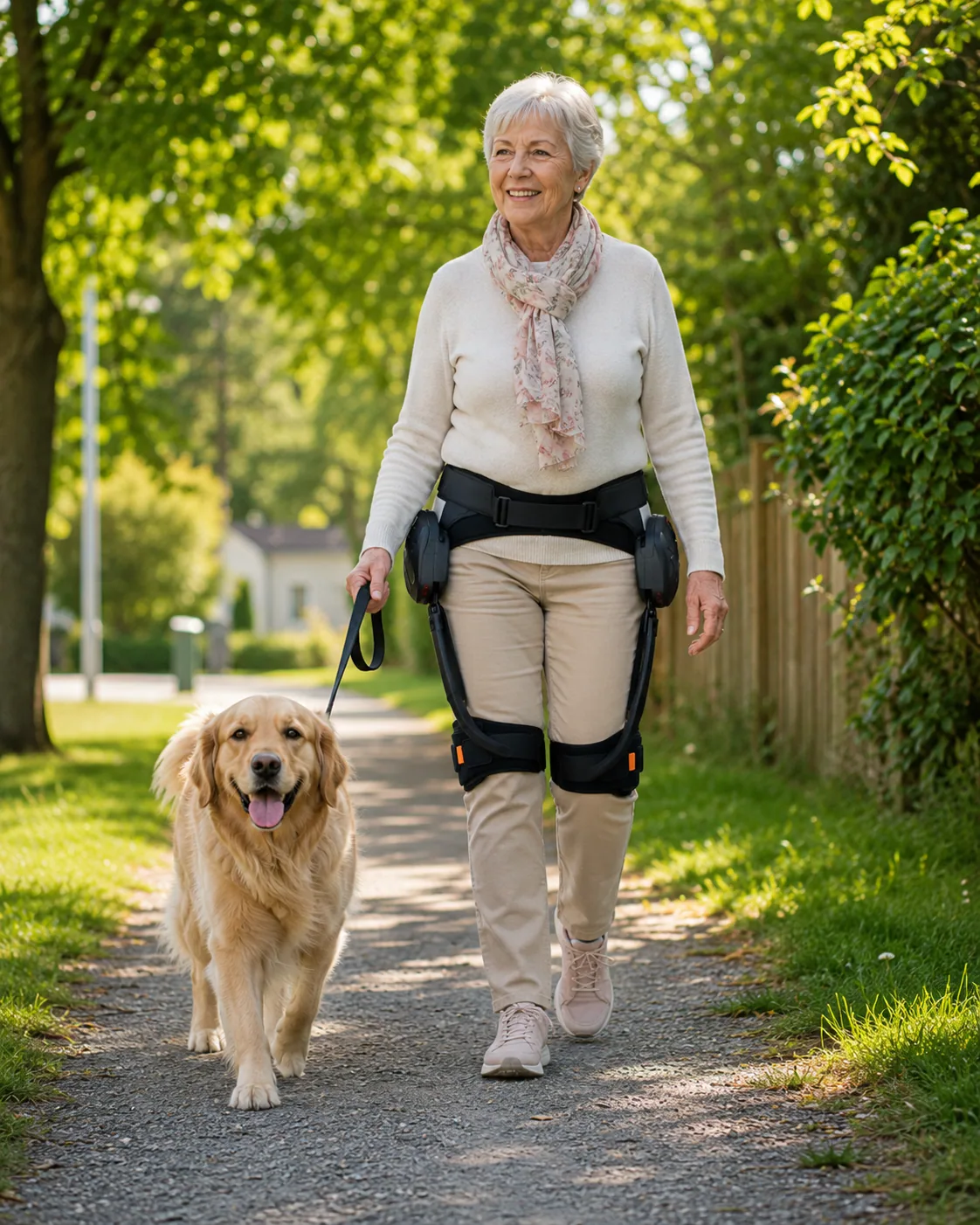 Äldre kvinna promenerar med Exosteg Assist